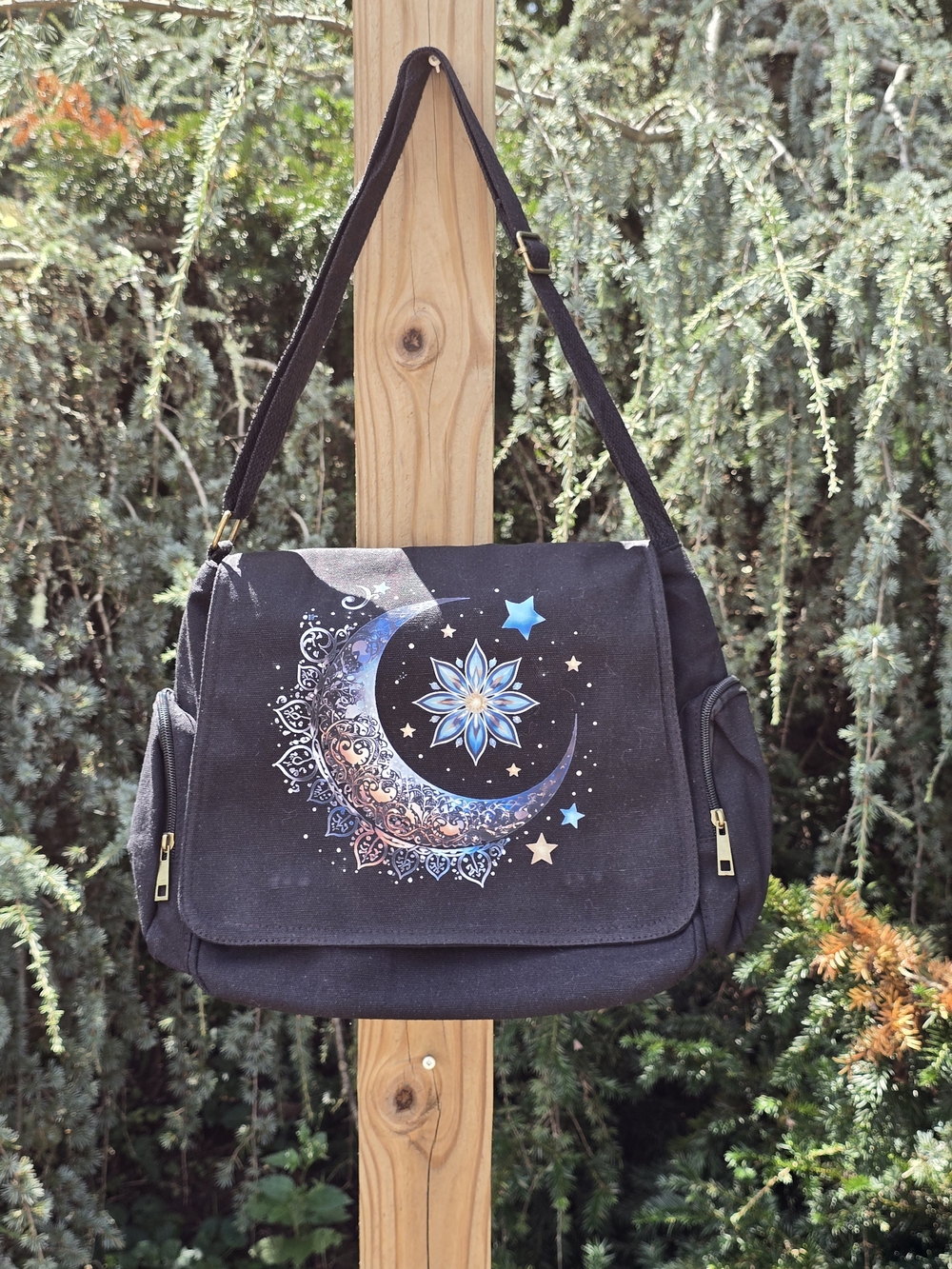 Black Crescent Moon Printed Shoulder Bag with Adjustable Strap